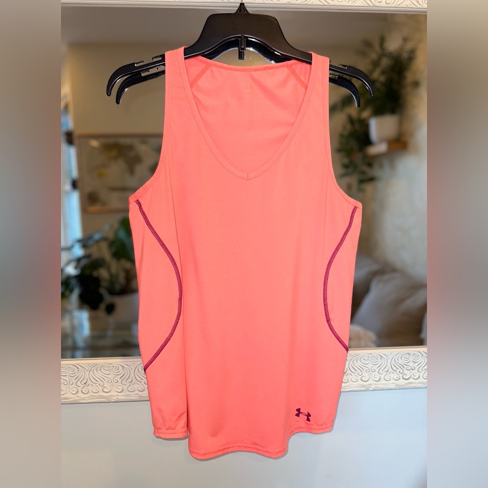 Under Armour Workout Performance Top - Bright Neon Coral Pink/Orange w/ Purple M - Picture 14 of 14
